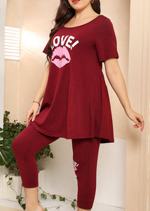 Casual Wine Red O-Neck Print Patchwork Cotton Two Piece Suit Pajamas Summer