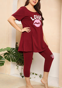 Casual Wine Red O-Neck Print Patchwork Cotton Two Piece Suit Pajamas Summer