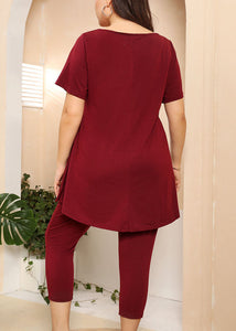 Casual Wine Red O-Neck Print Patchwork Cotton Two Piece Suit Pajamas Summer