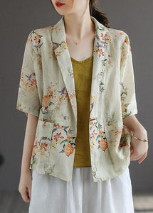 Casual Yellow PeterPan Collar Button Print Fall Shirt Tops Half Sleeve