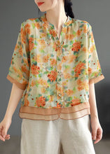 Load image into Gallery viewer, Casual Yellow V Neck Print Button Patchwork Linen Shirts Half Sleeve