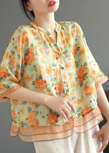 Load image into Gallery viewer, Casual Yellow V Neck Print Button Patchwork Linen Shirts Half Sleeve