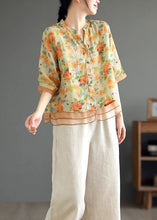 Load image into Gallery viewer, Casual Yellow V Neck Print Button Patchwork Linen Shirts Half Sleeve