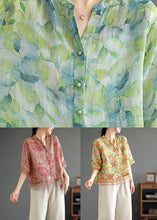 Load image into Gallery viewer, Casual Yellow V Neck Print Button Patchwork Linen Shirts Half Sleeve