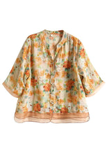 Load image into Gallery viewer, Casual Yellow V Neck Print Button Patchwork Linen Shirts Half Sleeve