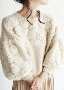 Chic Beige Thick Warm Embroideried Fall Knit sweaters