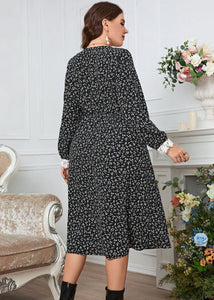 Chic Black Lace Print Patchwork Loose Cotton Dress Fall