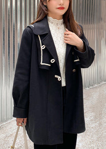 Chic Black Peter Pan Collar Button Patchwork Woolen Coats Fall