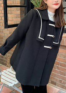 Chic Black Peter Pan Collar Button Patchwork Woolen Coats Fall