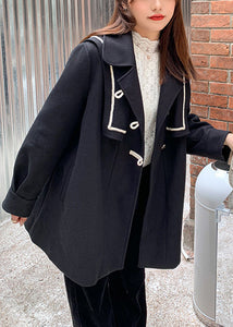 Chic Black Peter Pan Collar Button Patchwork Woolen Coats Fall