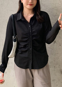 Chic Black Peter Pan Collar Patchwork Cotton Shirts Tops Fall