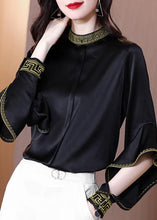 Load image into Gallery viewer, Chic Black Stand Collar Embroideried Ruffles Silk Shirt Spring