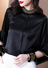 Load image into Gallery viewer, Chic Black Stand Collar Embroideried Ruffles Silk Shirt Spring