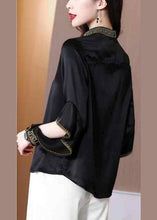 Load image into Gallery viewer, Chic Black Stand Collar Embroideried Ruffles Silk Shirt Spring