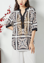 Load image into Gallery viewer, Chic Black V Neck Print Draping Chiffon Blouses Summer