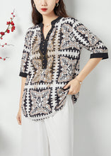 Load image into Gallery viewer, Chic Black V Neck Print Draping Chiffon Blouses Summer