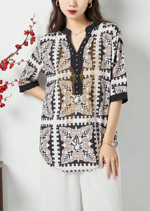 Chic Black V Neck Print Draping Chiffon Blouses Summer