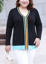 Load image into Gallery viewer, Chic Black V Neck Zippered Striped Patchwork Knit Top Long Sleeve