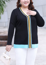 Load image into Gallery viewer, Chic Black V Neck Zippered Striped Patchwork Knit Top Long Sleeve