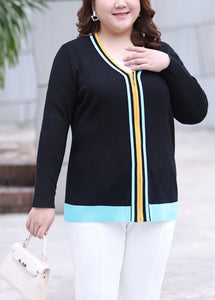 Chic Black V Neck Zippered Striped Patchwork Knit Top Long Sleeve