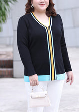 Load image into Gallery viewer, Chic Black V Neck Zippered Striped Patchwork Knit Top Long Sleeve