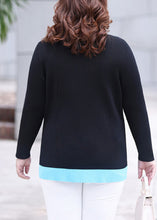 Load image into Gallery viewer, Chic Black V Neck Zippered Striped Patchwork Knit Top Long Sleeve