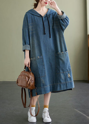 Chic Blue Hooded drawstring denim Dress Spring