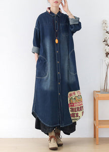 Chic Blue Peter Pan Collar Patchwork Letter Print Button Pockets Cotton Denim Dresses Long Sleeve