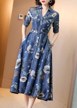 Load image into Gallery viewer, Chic Blue Peter Pan Collar Print Button Sashes Denim Long Dress Short Sleeve