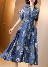 Load image into Gallery viewer, Chic Blue Peter Pan Collar Print Button Sashes Denim Long Dress Short Sleeve