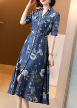 Load image into Gallery viewer, Chic Blue Peter Pan Collar Print Button Sashes Denim Long Dress Short Sleeve