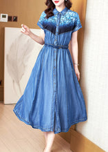 Load image into Gallery viewer, Chic Blue Peter Pan Collar Print Patchwork Button Sashes Cotton Vacation Denim Long Dresses Summer