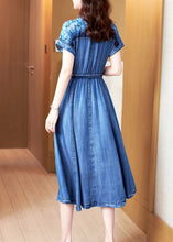 Load image into Gallery viewer, Chic Blue Peter Pan Collar Print Patchwork Button Sashes Cotton Vacation Denim Long Dresses Summer