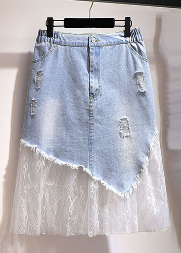 Chic Blue Pockets Hole Tulle Patchwork Denim Skirt Summer