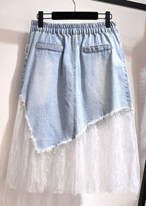 Chic Blue Pockets Hole Tulle Patchwork Denim Skirt Summer