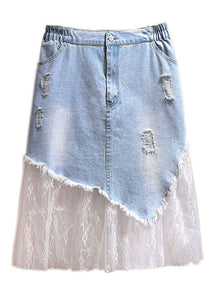 Chic Blue Pockets Hole Tulle Patchwork Denim Skirt Summer