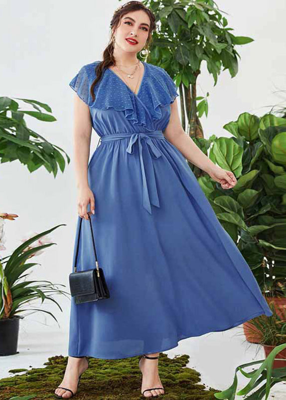 Chic Blue V Neck Patchwork Tie Waist Solid Chiffon Maxi Dress Short Sleeve