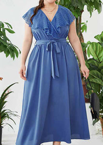 Chic Blue V Neck Patchwork Tie Waist Solid Chiffon Maxi Dress Short Sleeve