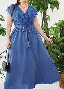 Chic Blue V Neck Patchwork Tie Waist Solid Chiffon Maxi Dress Short Sleeve