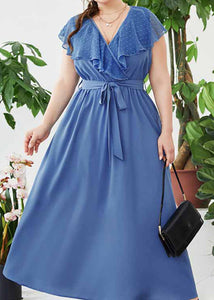 Chic Blue V Neck Patchwork Tie Waist Solid Chiffon Maxi Dress Short Sleeve