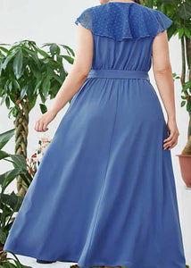 Chic Blue V Neck Patchwork Tie Waist Solid Chiffon Maxi Dress Short Sleeve