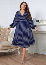 Load image into Gallery viewer, Chic Blue V Neck Striped Tie Waist Patchwork Chiffon Dress Fall