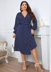 Chic Blue V Neck Striped Tie Waist Patchwork Chiffon Dress Fall