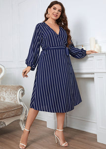 Chic Blue V Neck Striped Tie Waist Patchwork Chiffon Dress Fall