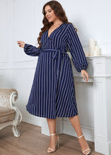 Load image into Gallery viewer, Chic Blue V Neck Striped Tie Waist Patchwork Chiffon Dress Fall