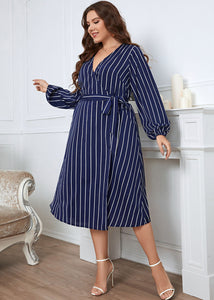 Chic Blue V Neck Striped Tie Waist Patchwork Chiffon Dress Fall