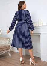 Load image into Gallery viewer, Chic Blue V Neck Striped Tie Waist Patchwork Chiffon Dress Fall