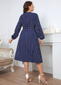 Chic Blue V Neck Striped Tie Waist Patchwork Chiffon Dress Fall