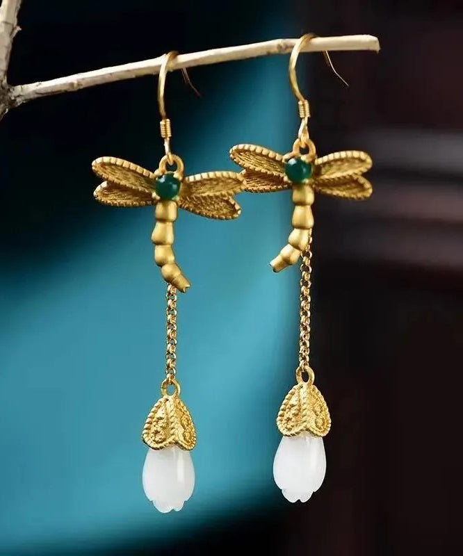 Chic Gold Sterling Silver Overgild Inlaid Jade Tassel Dragonfly Drop Earrings