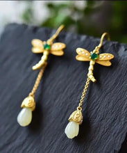 Load image into Gallery viewer, Chic Gold Sterling Silver Overgild Inlaid Jade Tassel Dragonfly Drop Earrings